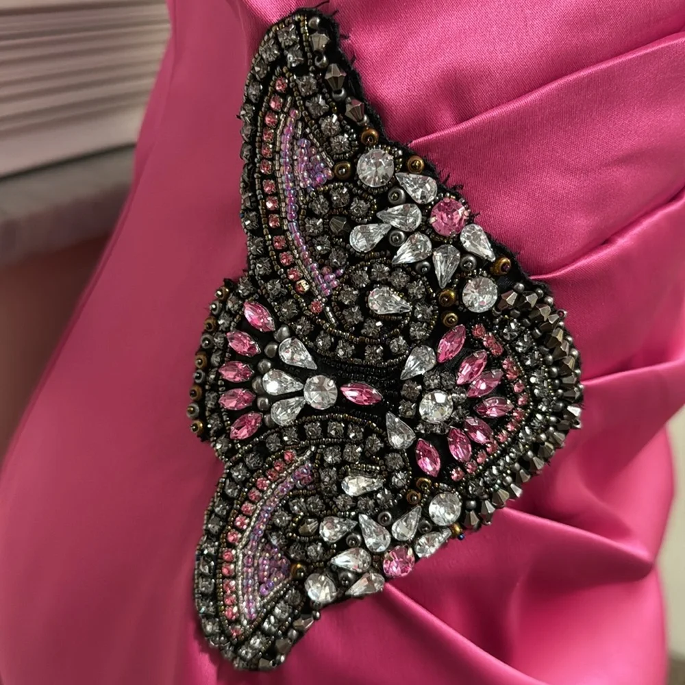 Eliza J NWT Beaded Hot Pink One Shoulder Satin Cocktail Dress size 8 sequined - Picture 4 of 9